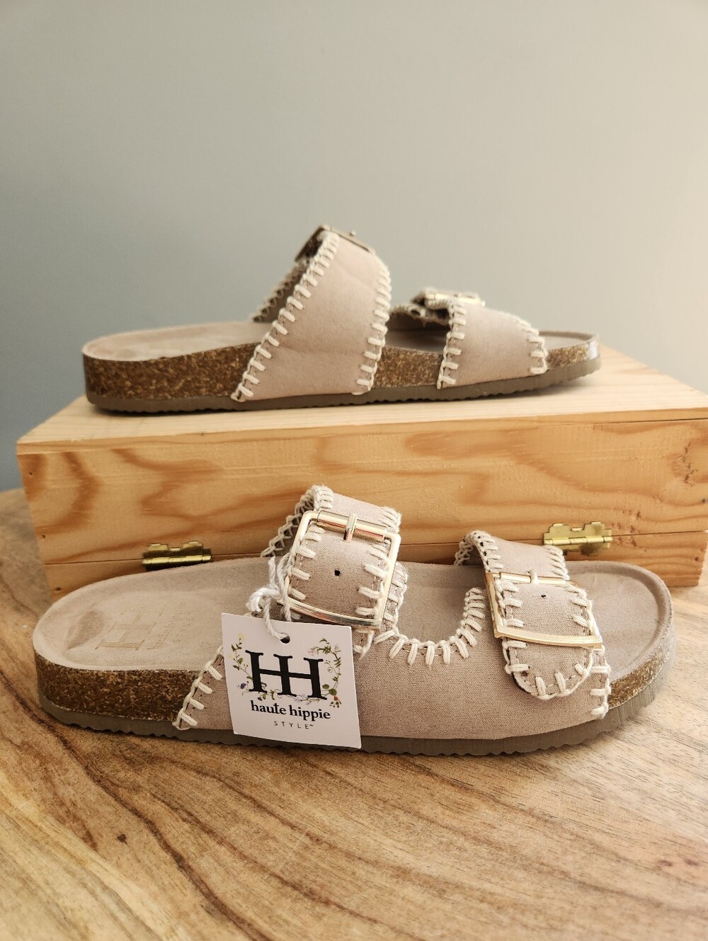 Haute Hippie Taupe Double-Buckle Embroidered Slide Sandals - Picture 6 of 16